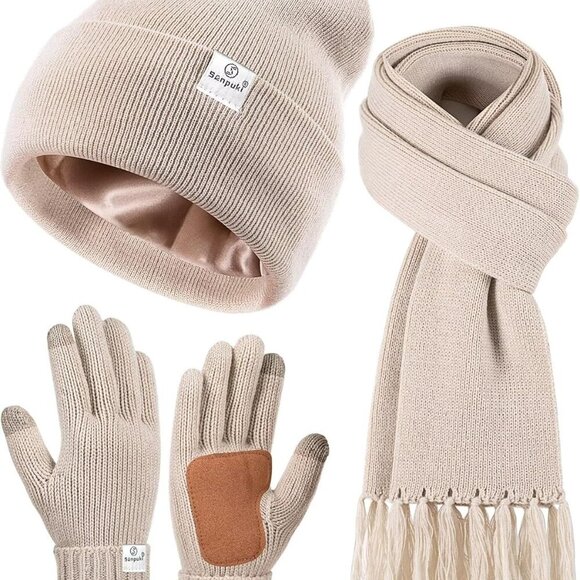 Trendy Women's Satin Lined Winter Beanie, Scarf & Touchscreen Gloves Set - Beige - Picture 1 of 7